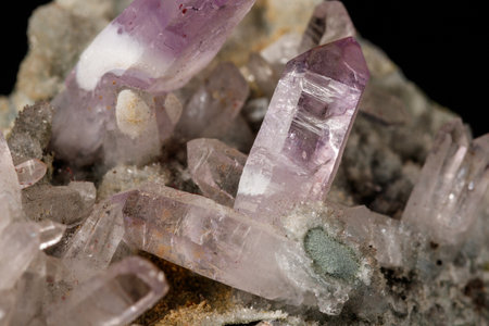 Macro mineral stone Amethyst crystals in rock on a black background close upの写真素材
