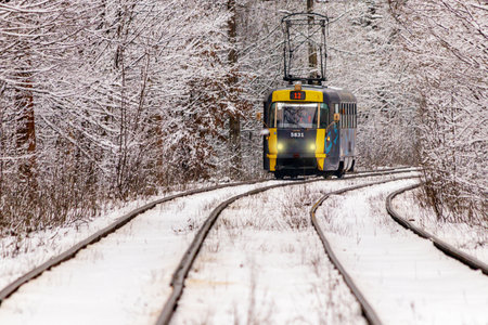 An old tram moving through a winter forest close upの写真素材