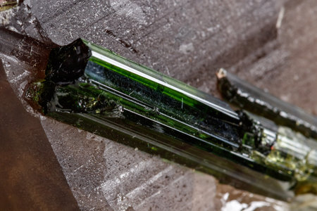 Macro mineral tourmaline stone in quartz on a white background close upの写真素材