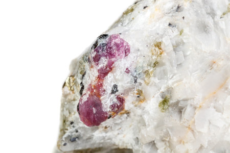 Macro mineral stone Ruby in rock on white background close upの写真素材