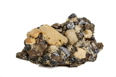 Macro stone mineral Pyrrhotite, quartz, Sphalerite, calcite, Galena on white background close up