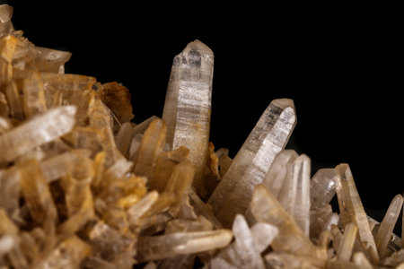 Macro mineral quartz stone with Limonite and Lepidolite black background close upの写真素材