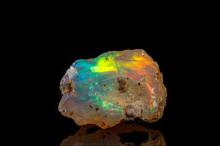 macro mineral stone rare and beautiful opals on a black background close-upの写真素材