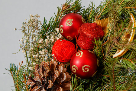 christmas composition. Wreath of Christmas tree branches close-up