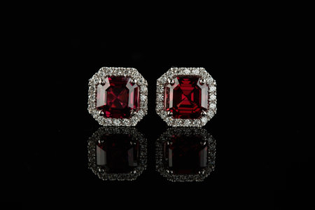 beautiful garnet earrings with diamonds in a gold chain on a black background close-up