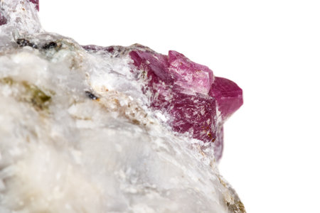 Macro mineral stone Ruby in rock on white background close upの写真素材