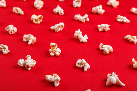 popcorn macro on a red backgroundの写真素材