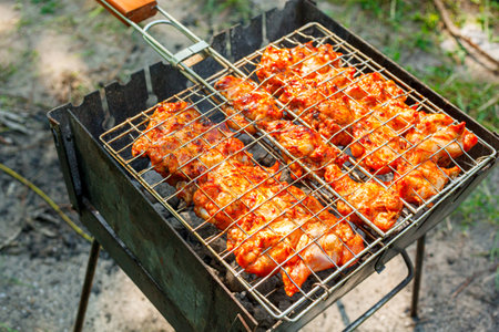Cooking chicken wings and legs on the grill. Roasted meat on the grill close-up