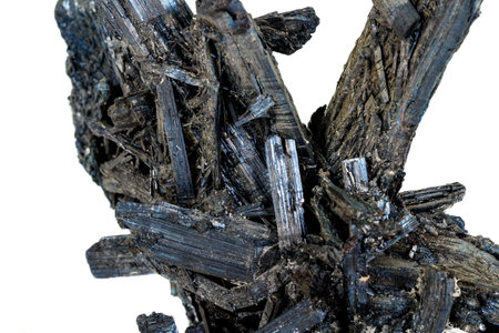 Macro stone mineral Antimonite, Stibnite on a white background close upの写真素材