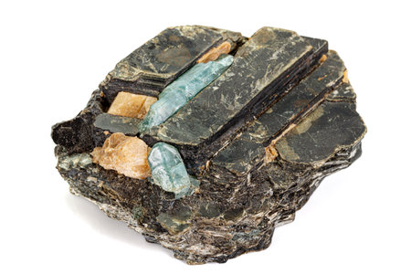 Macro aquamarine mineral stone in rock on white background close upの写真素材