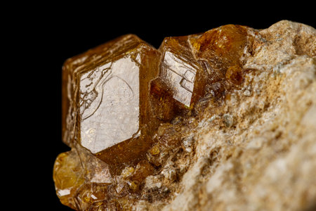 Macro stone Grossular mineral on a black background close upの写真素材