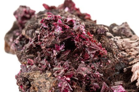 Macro stone Erythrite mineral on white background close up