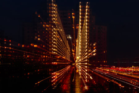 night city in motion of light lines close up