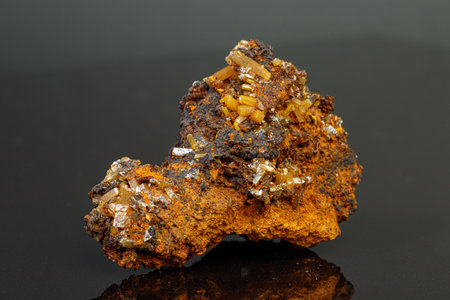 macro mineral Wulfenite stone on a black background close-upの写真素材