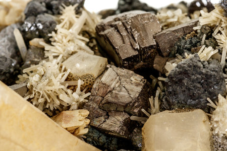 Macro stone mineral Pyrrhotite, quartz, Sphalerite, calcite, Galena on white background close up