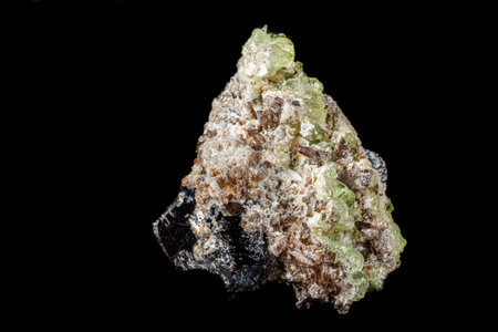 Macro stone Hyalite mineral, tourmaline Sherl, smoky quartz on a black background close-up