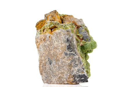 Macro pink Smithsonite mineral stone on microcline on white background close up