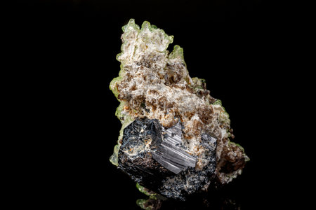 Macro stone Hyalite mineral, tourmaline Sherl, smoky quartz on a black background close-up