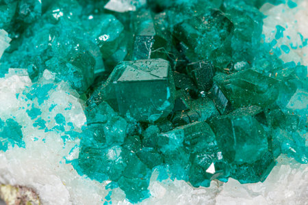 Macro mineral stone Dioptase silicate copper on a white background close upの写真素材