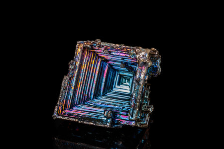 Macro of the stone bismuth mineral on a black background close up
