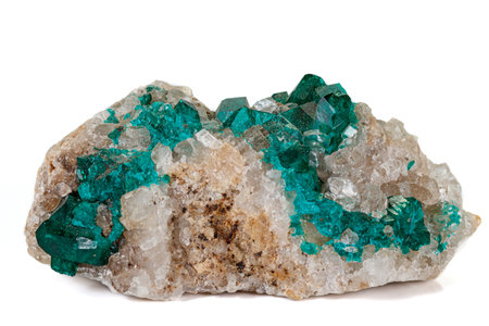Macro mineral stone Dioptase silicate copper on a white background close upの写真素材