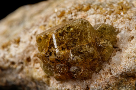 Macro stone Grossular mineral on a black background close upの写真素材