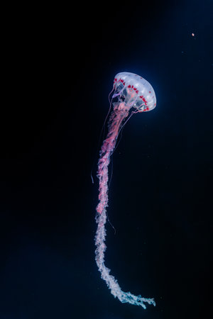 underwater photos of purple striped jelly chrysaora colorata close-upの写真素材
