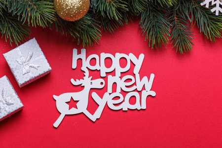 beautiful branches of a Christmas tree with cones and toys on a red background with the inscription Happy New Year close-upの写真素材