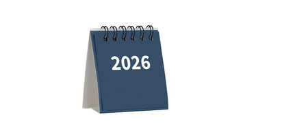 Desktop calendar for cover 2026 in white color. Mini planner for business and finance, spiral view...