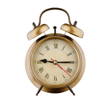 alarm clock, vintage clock with time 9 hours 00 minutes, on isolated white background close-up