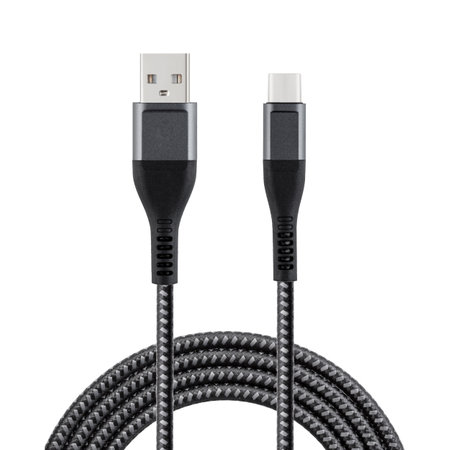 Black cable for charging and synchronization with Type - C and USB connectors on a white isolated background close-upの写真素材