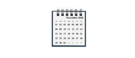 Desktop calendar for November 2026 in white color. Mini planner for business and finance, spiral view on isolated white background close up.の写真素材