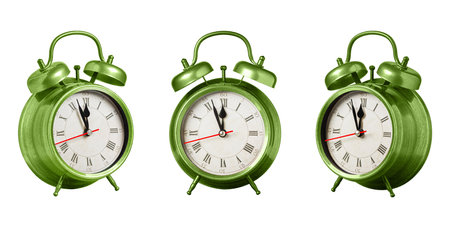 set collection retro clock, watch, pointer clock, Green color alarm clock on isolated white background close upの写真素材