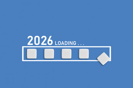 2026 Loading text on light blue backdrop. Ideal for business planning, financial trends, and future...