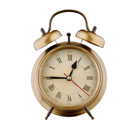 alarm clock, vintage clock with time 12 hours 45 minutes, am 12:45, pm 12:45, on isolated white...