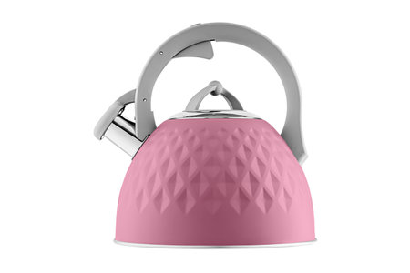 kettle with whistle, matte Red color, with rhombus texture on isolated and white background close-upの写真素材