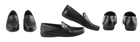 Set men's pair of black moccasins on isolated white background close-upの写真素材