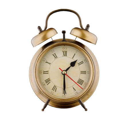 alarm clock, vintage clock with time 01 hours 30 minutes, am 01:30, pm 01:30, on isolated white...