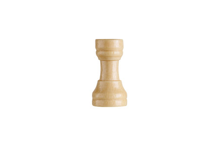 Closeup of a wooden rook chess piece on white backdrop. Perfect for chess themes and educational use.の写真素材