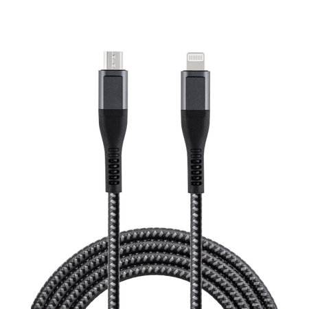 Black cable for charging and synchronization with Lightning and Micro USB connectors on a white isolated background close-upの写真素材