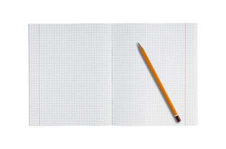 A checkered notebook with a pencil on a white background, designed for math and study with a grid layout. It is an excellent tool for school assignments and educational planning.の写真素材