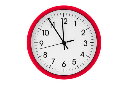 Red watch, wall clock 11 hours 45 minutes on isolated or white background close upの写真素材