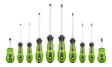 Set of Philips and flathead screwdrivers Green color on isolated white background close-upの写真素材