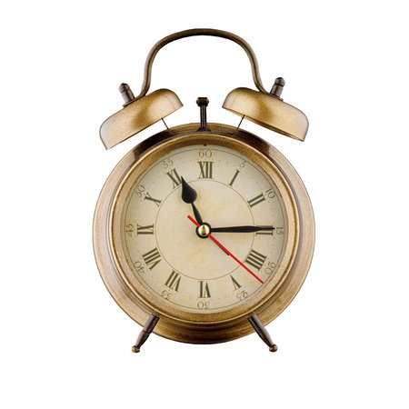 alarm clock, vintage clock with time 11 hours 15 minutes, am 11:15, pm 11:15, on isolated white...