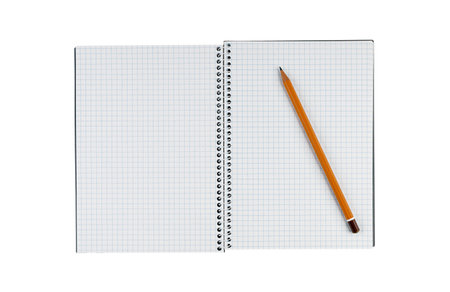 Checkered notebook with a pencil and spiral binding on an isolated white background. ideal for education, office, and creative tasks.の写真素材