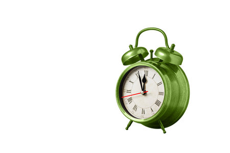 retro clock, watch, pointer clock, Green color alarm clock on isolated white background close upの写真素材