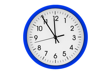 Blue watch, wall clock 11 hours 45 minutes on isolated or white background close upの写真素材