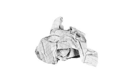 A crumpled checkered paper sheet on a white background suits artistic projects. Its wrinkled grid inspires sketches for artists seeking unique textures.の写真素材