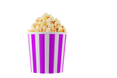 Delicious popcorn, classic box, classic paper cup with Purple, violet stripe, isolated on white background close-upの写真素材