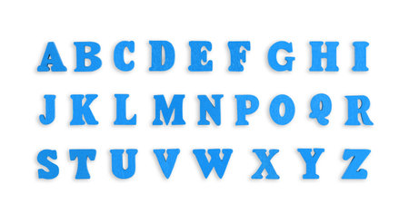 wooden letters of the English alphabet in blue color on a white background close-upの写真素材